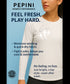 Advertisement for Pepini women's performance clothing with text about moisture-wicking fabric.